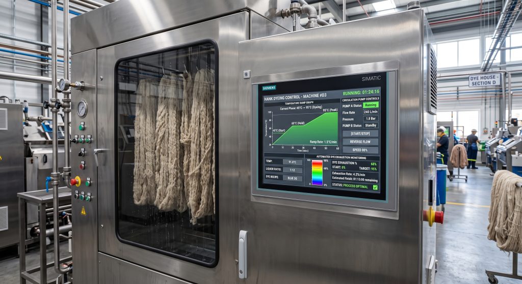 PLC automation controller panel on an industrial hank dyeing machine