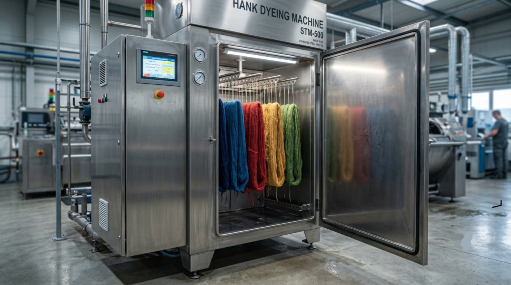 Stainless steel industrial hank dyeing machine loaded with colorful yarn skeins